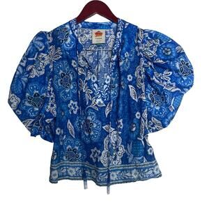 Farm Rio Blue Full of Flowers Blouse Baloon sleeves Sz XS